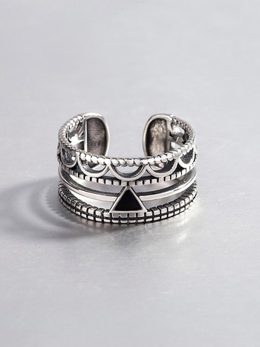 silver retro [triangle] 925 Sterling Silver Enamel Geometric Vintage Band Ring